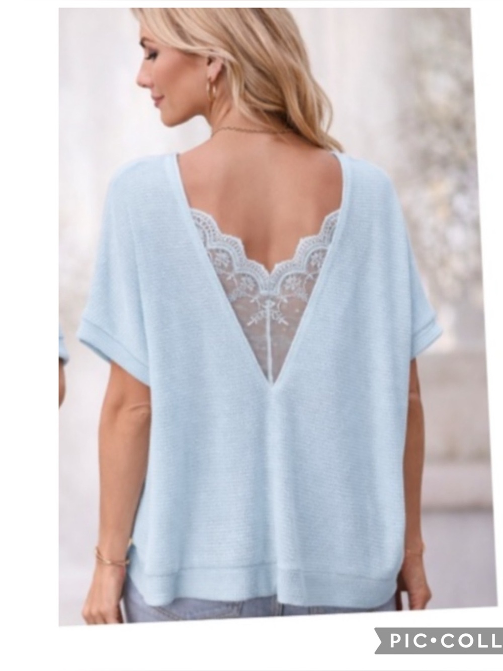 Light Blue Waffle Knit Lace V Back Top Size Large Oversized Soft